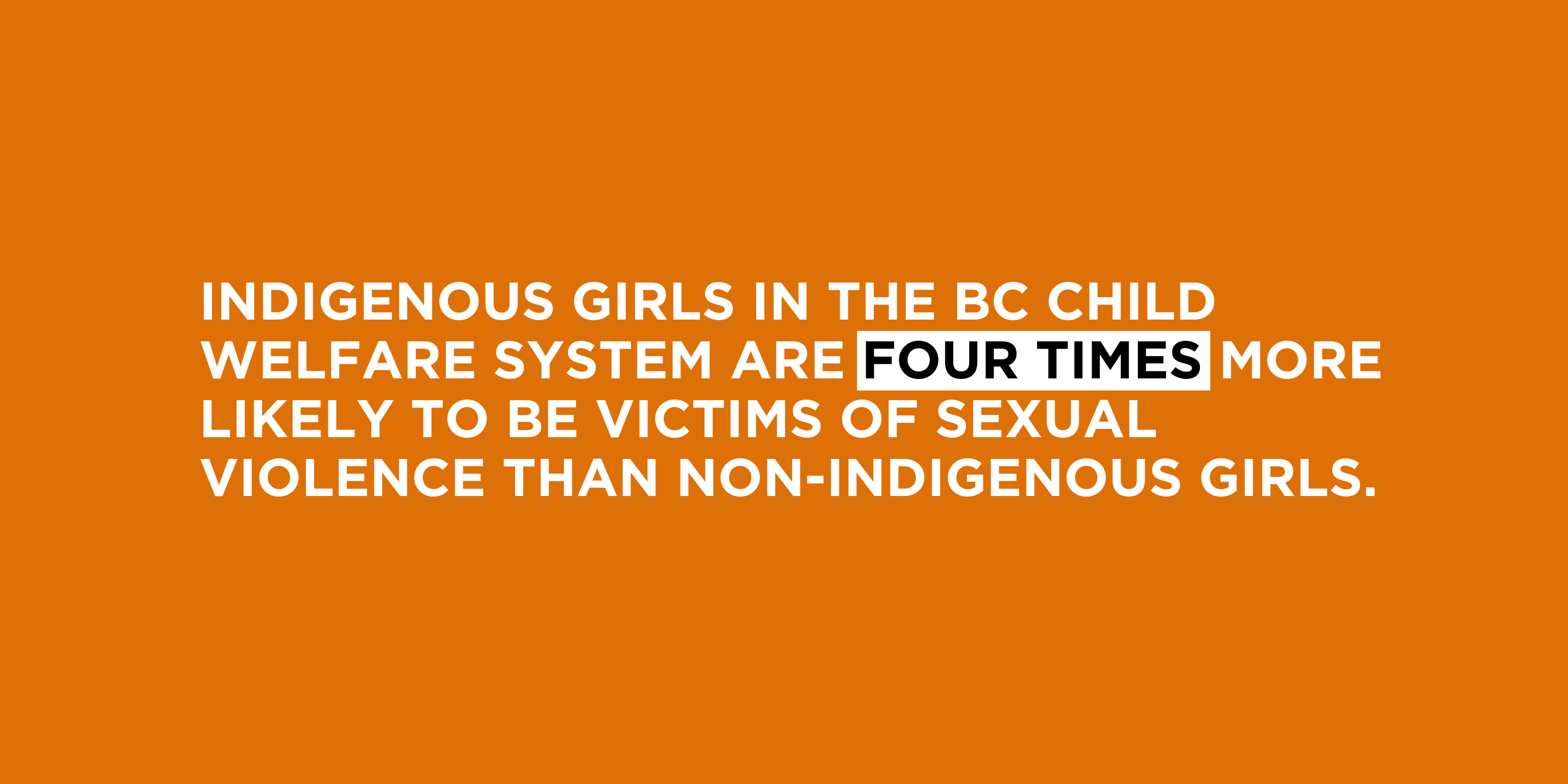 Text: Indigenous girls in the BC child welfare system are four times more likely to be victims of sexual violence than non-Indigenous girls. 