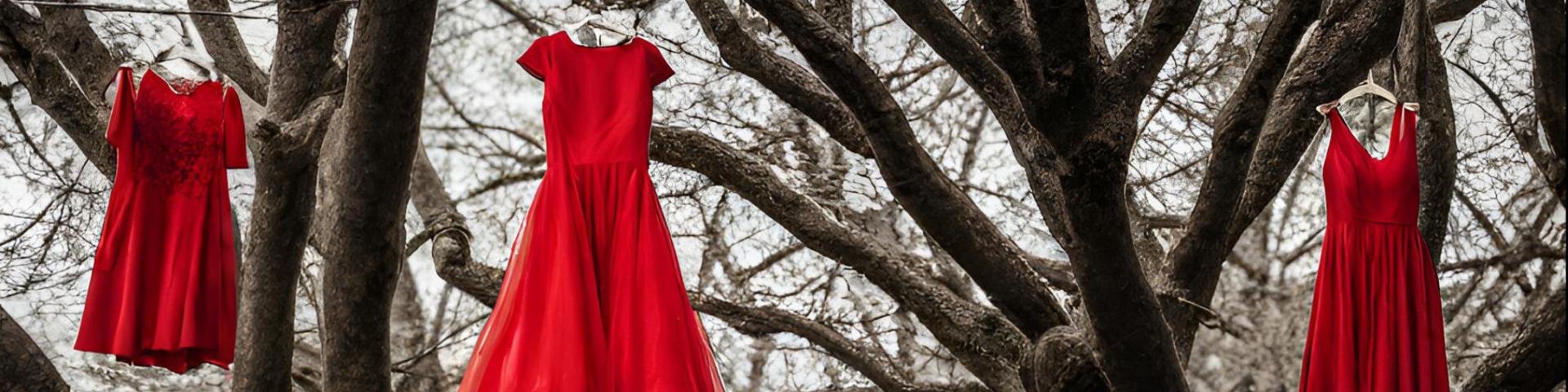 Red dresses hanging from a tree