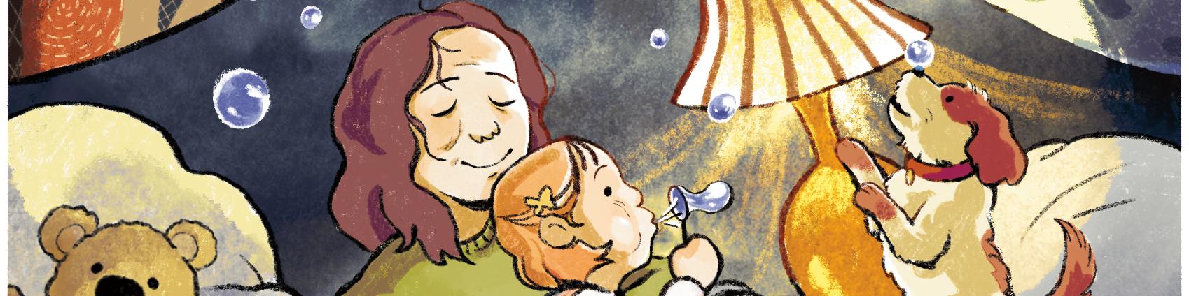 A comic illustration of a mother holding her daughter