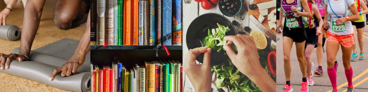 Man rolling yoga mat, hands preparing food, shelves with books, person running a race