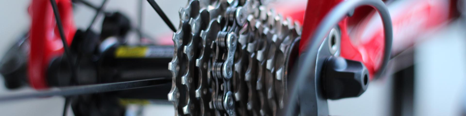 Red Bicycle chains close up  