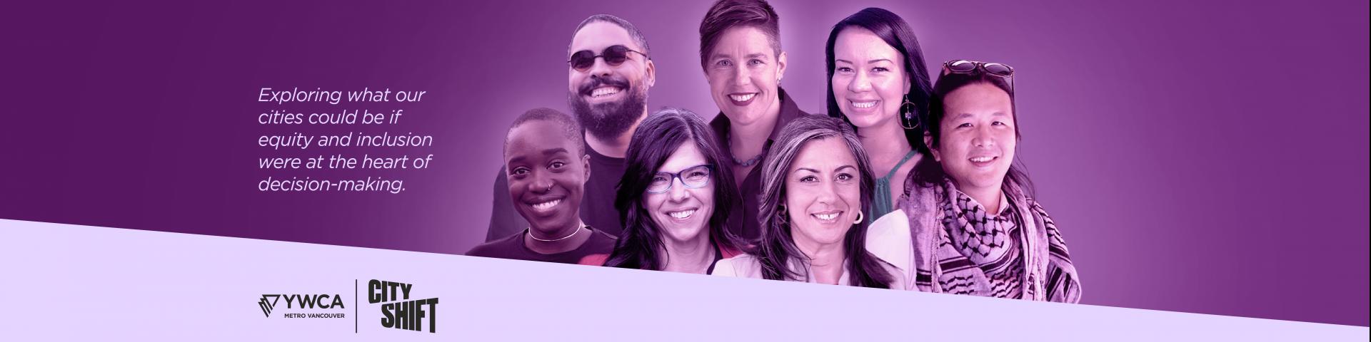 Event promotional banner with purple background and light purple diagonal stripe across the bottom, with speakers Nic Wayara, Elliott Slinn, Andrea Reimer, Tiffany Muller-Myrdahl, Maria Vassilakou, Ginger Gosnell-Myers,and Kevin Huang shown from left to right.