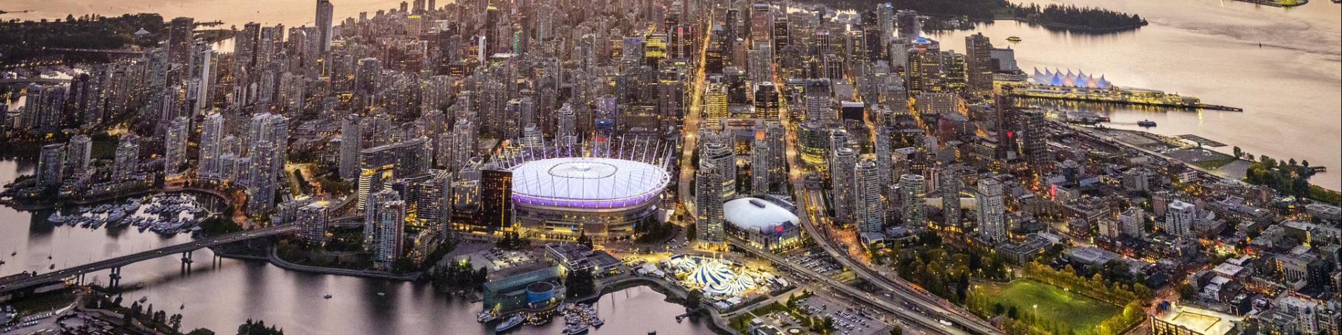 Vancouver aerial skyline view at sunset