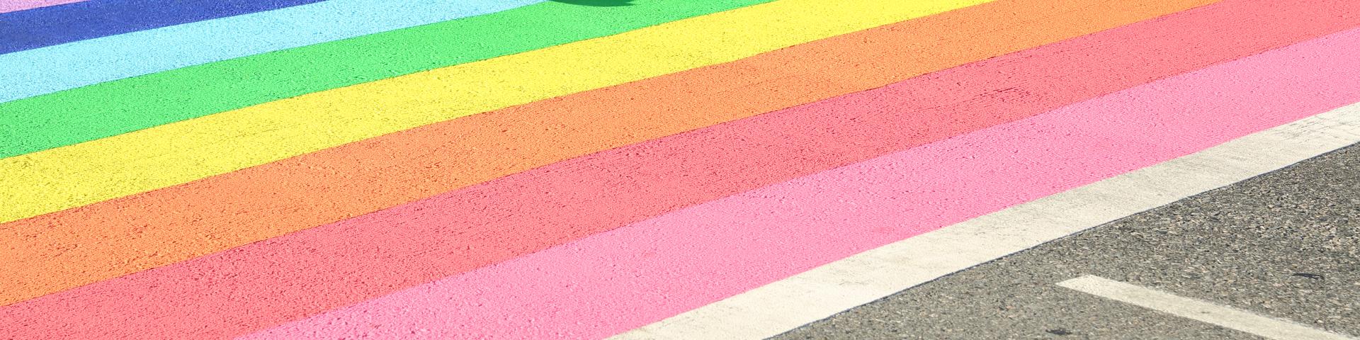 Vancouver’s first permanently rainbow colored crosswalk at the intersection of Davie and Bute in downtown Vancouver, British Columbia, Canada.