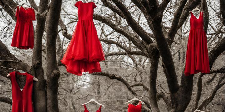 Red dresses hanging from a tree