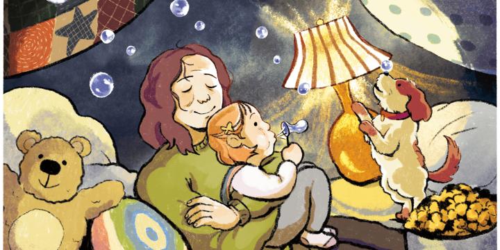 A comic illustration of a mother holding her daughter