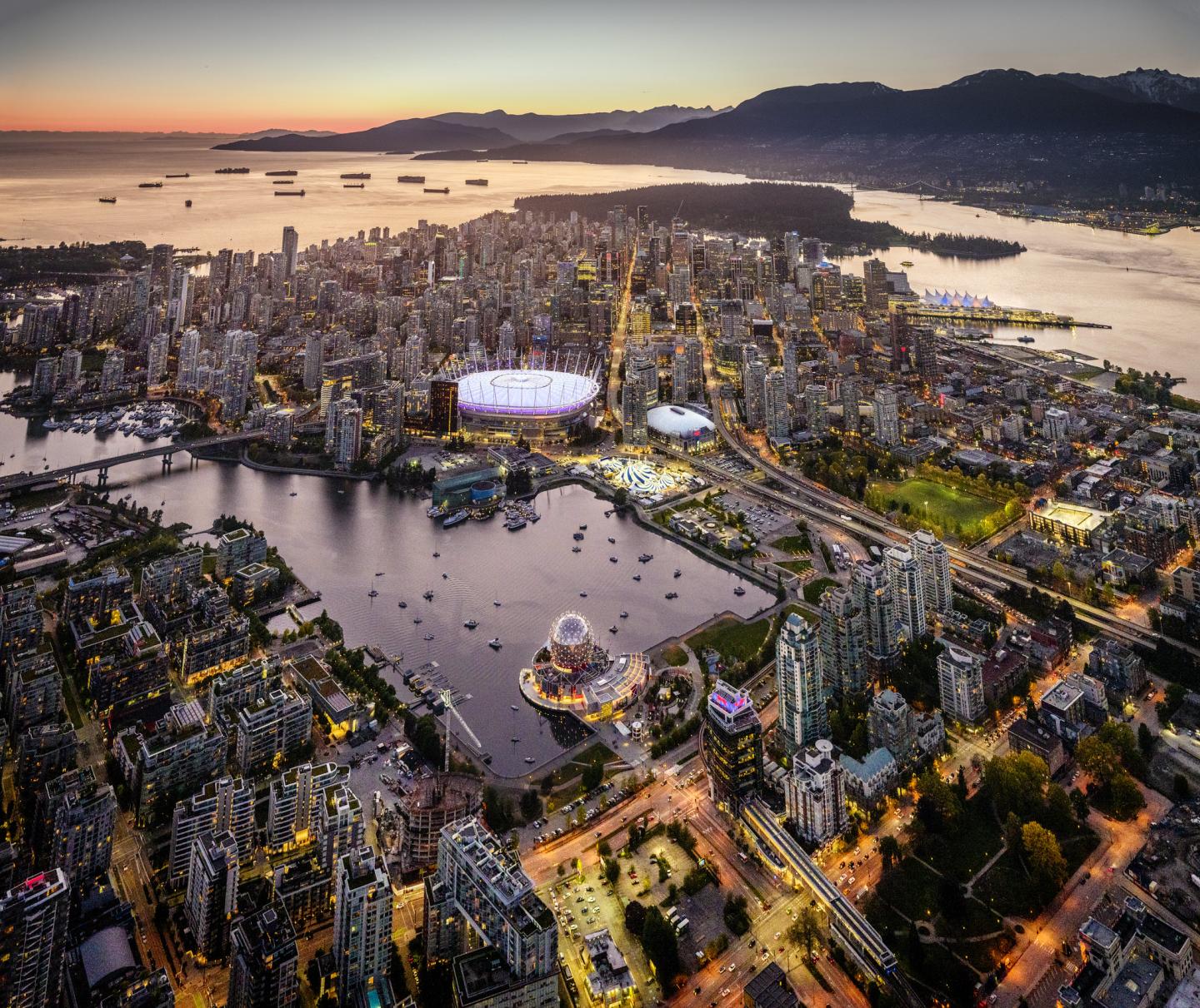 Vancouver aerial skyline view at sunset