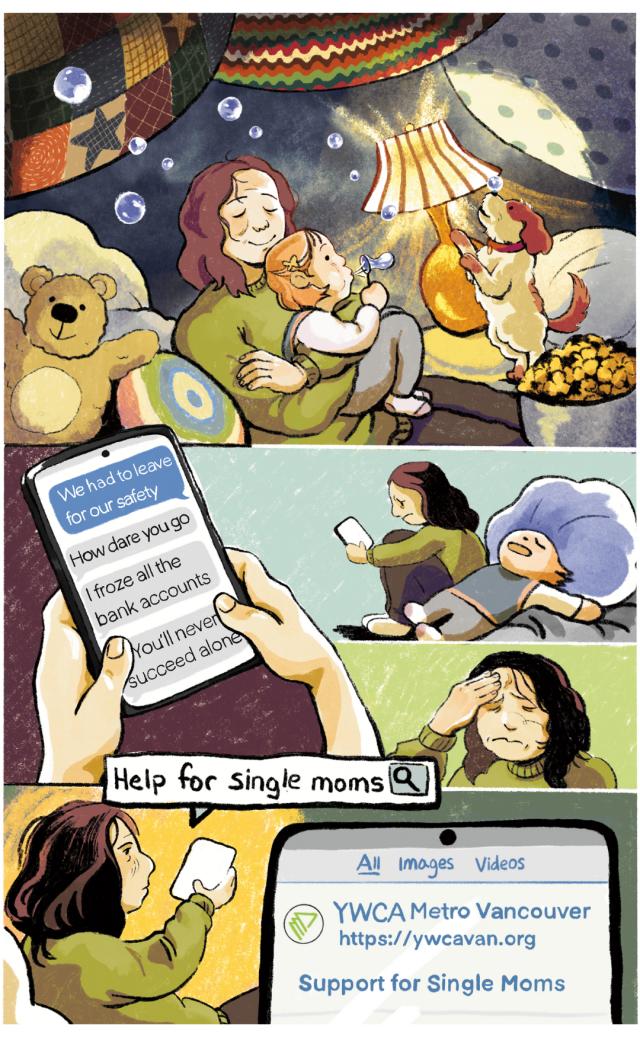 Page 3. The mother is stressed because her former partner will not stop messaging her. She seeks for help.