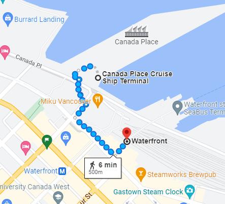 A map showing the walking directions from Canada Place to Waterfront Skytrain Station