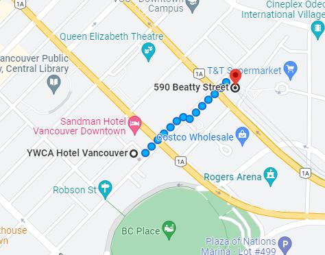A map of the walking directions from Stadium Chinatown SkyTrain Station to YWCA Hotel Vancouver Downtown
