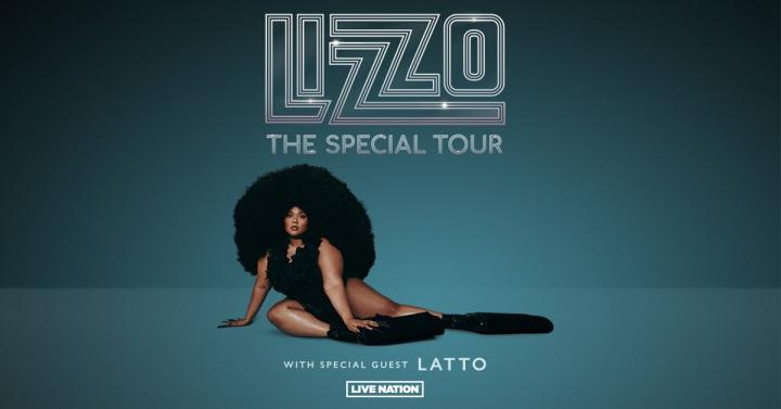 Promotional graphic of Lizzo The Special Tour with Turquoise background and Lizzo in the middle 