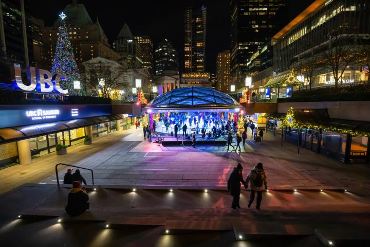 Photo of skating in Robson Square with lights