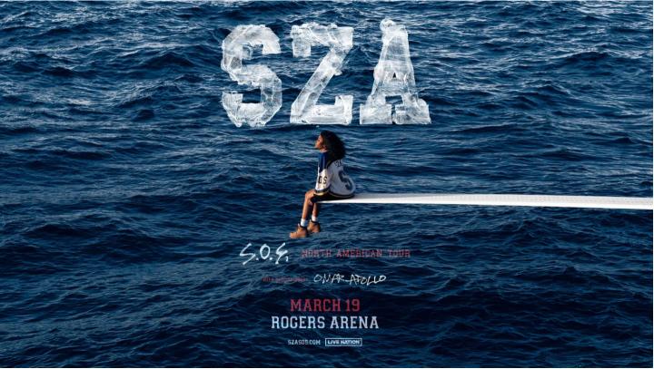 SZA on tour promotional photo of SZA sitting on a ledge over the sea