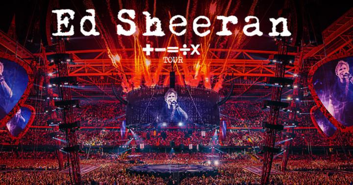 Promo image of Ed Sheeran's Mathematics Tour of him on stage