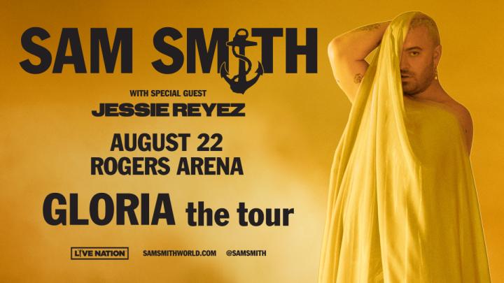 Promo photo of Sam Smith's GLORIA the tour, with him covered in yellow fabrics