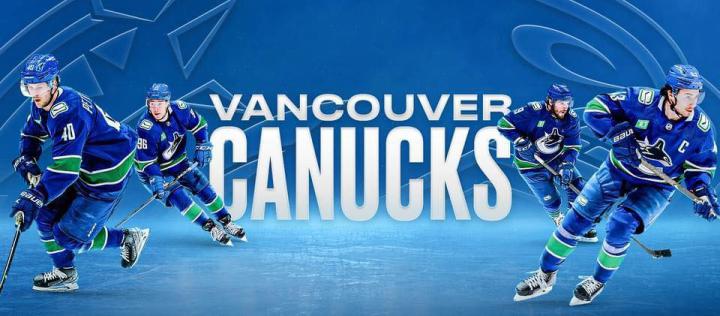 Graphic banner for Vancouver Canucks with two players on beach side