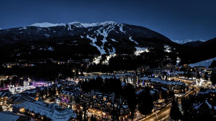 An aerial shot of Whistler Village in the evening