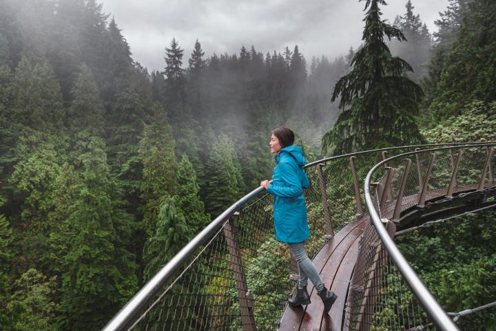 Woman looking over the edge of a fenced cliffwalk with evergreen trees and the sky in the background