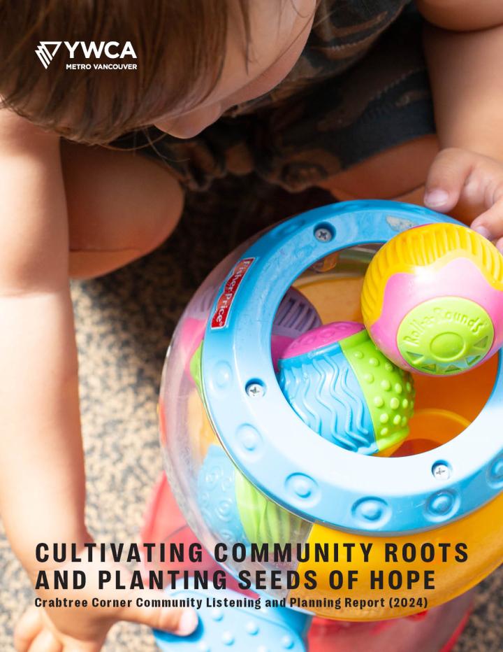 Toddler playing with a colorful toy bucket with sensory balls inside. Text: Cultivating Community Roots and Planting Seeds of Hope - Crabtree Corner Community Listening and Planning Report (2024)