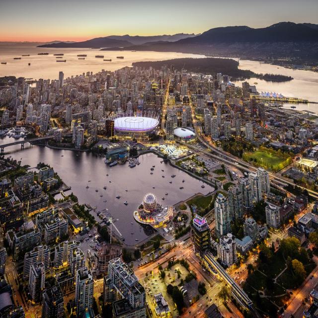 Vancouver aerial skyline view at sunset