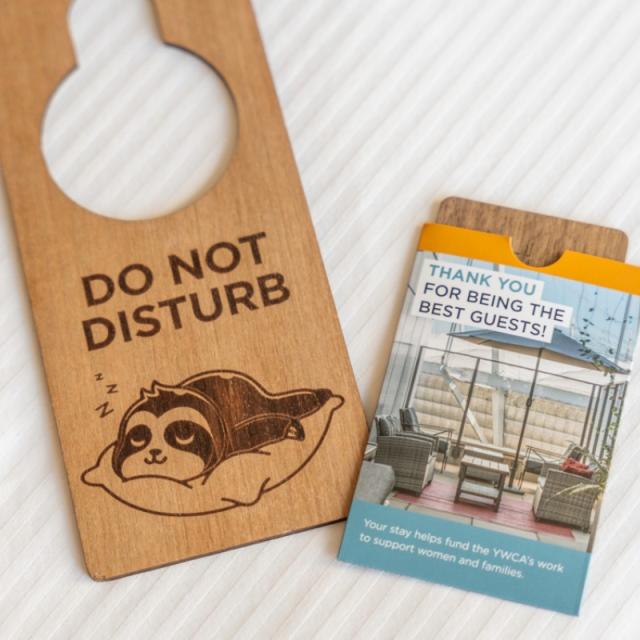 YWCA Hotel Wooden Key Cards and Wooden Do Not Disturb Signs