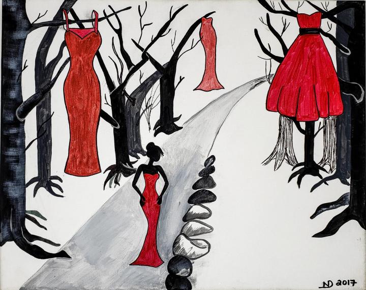 A woman in red dress walks through a path where red dresses hangs on trees. Artwork name: Walking a Path; Never Alone by Nadzin Degagné